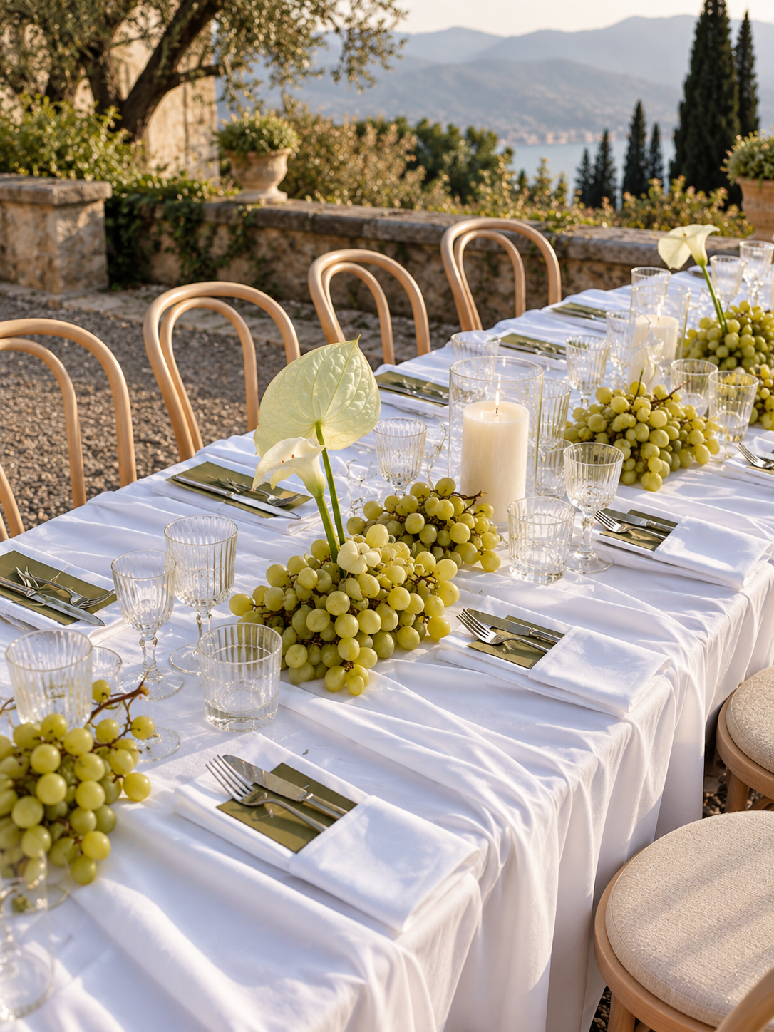 Outdoor wedding tablescape with green grapes, calla lilies and candles